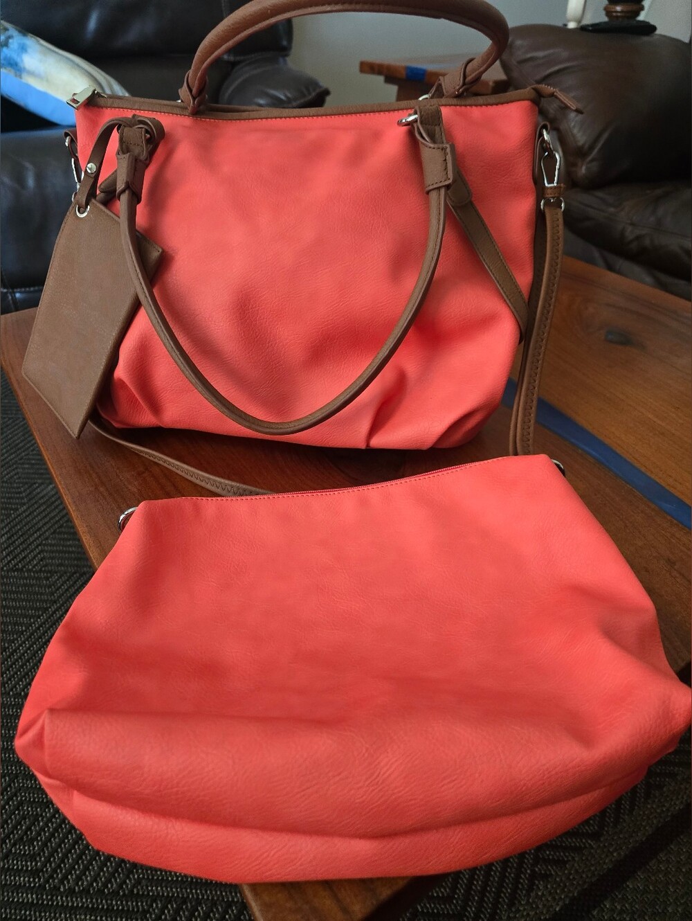 Coral Pink Shoulder Bag & Brown Trim - Classic Everyday Tote 3 In 1 Black Rivet - Picture 9 of 16